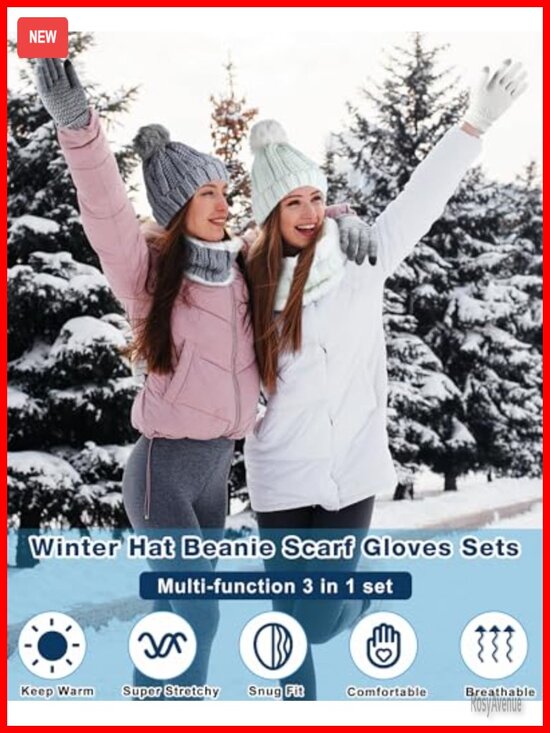 18 Pcs Winter Beanie Hat Scarf Gloves Set - Fleece Lined Knit with Pompom main image 6